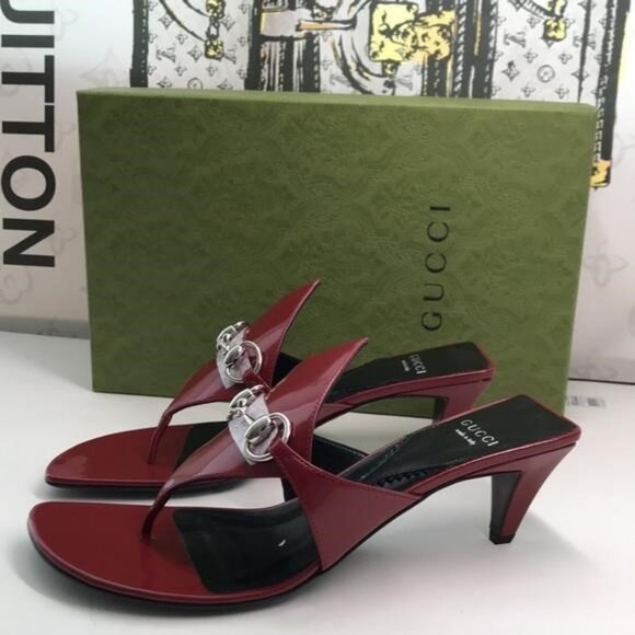New Authentic Gucci Horsebit Kitten Heel Flip Flop – Red/Silver - Picture 6 of 11